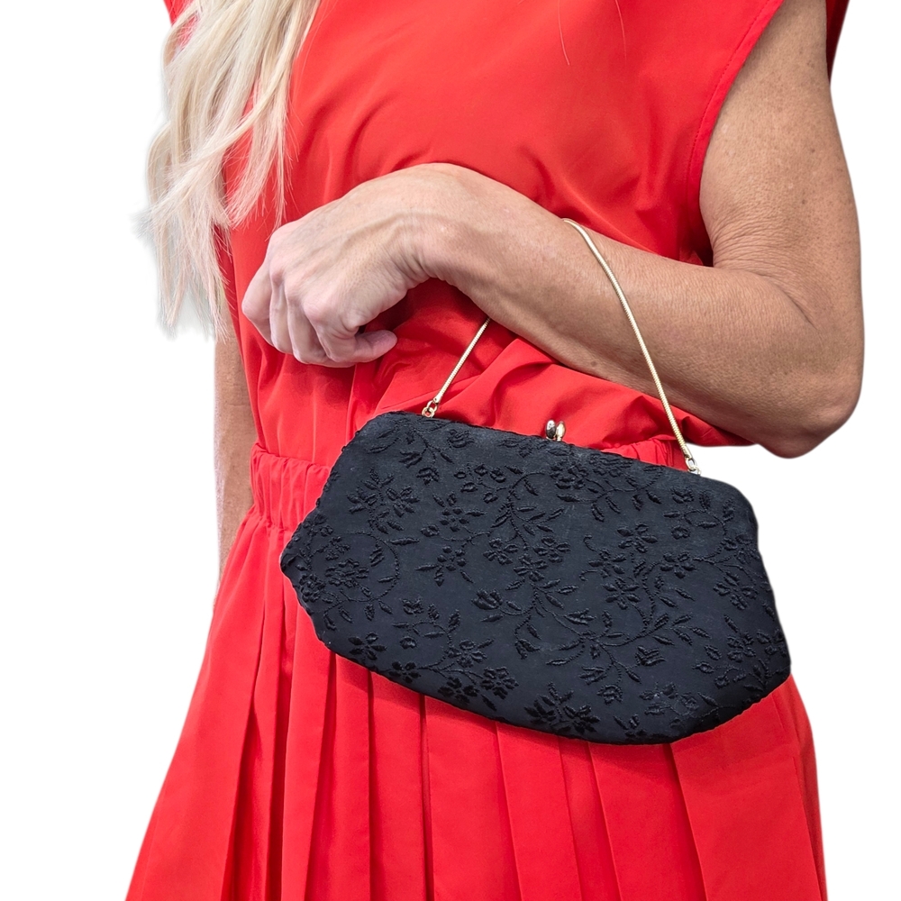 Vintage 1950s Black Brocade Evening Bag Kisslock Chain Handle Cocktail Purse